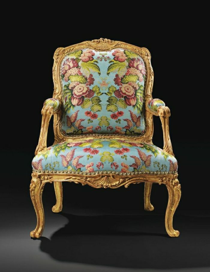 Textil-stol gyllene ram barockstil blommor