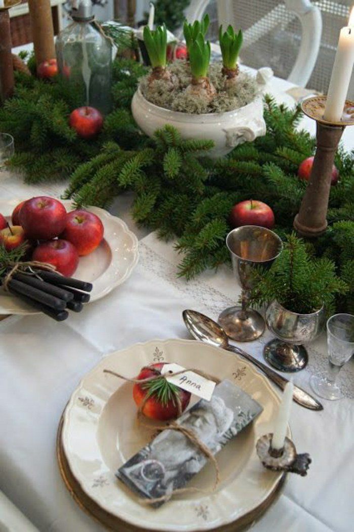 Tischdeko till äpplen Christmas granris Ljus