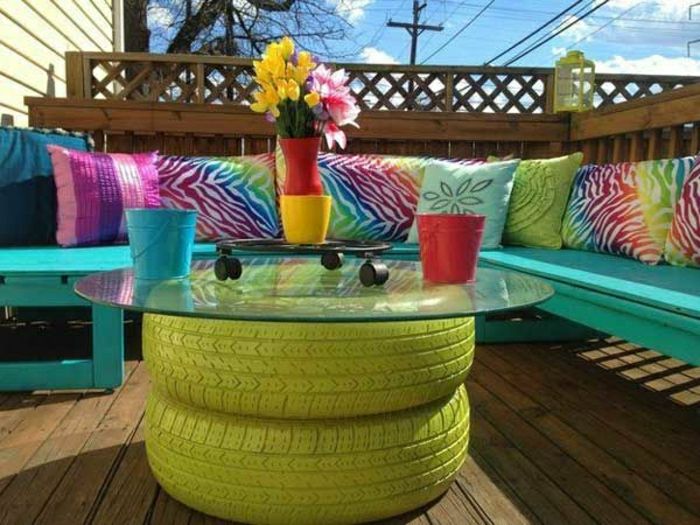 Veranda paleti canapea de culoare turcoaz anvelope pernă colorate și masă de sticlă de culoare Flash-vară