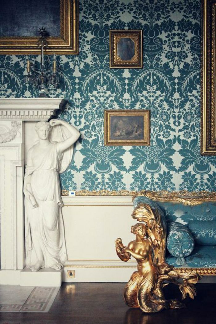 elementi di design vintage golden-statue-barocco ornamenti wallpaper-blu-tone-turchese