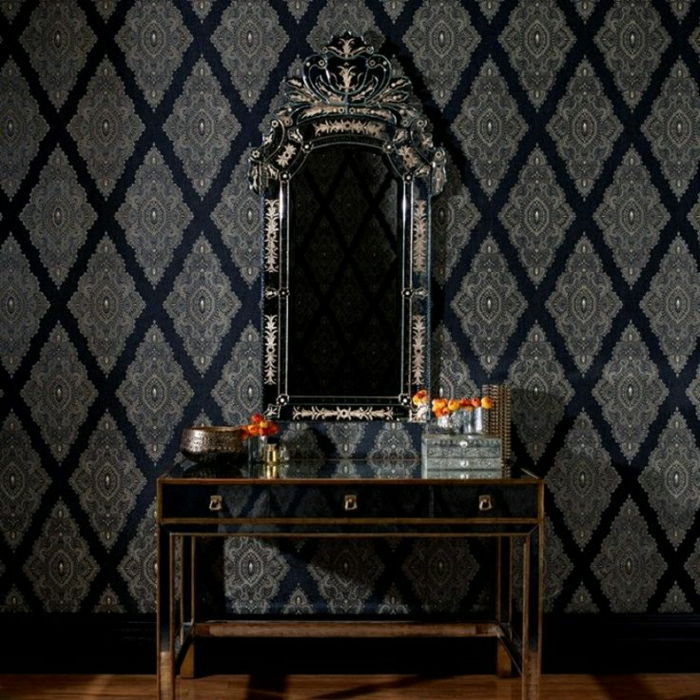 Parete barocco pattern-tone e nero-argento-specchio ornamenti