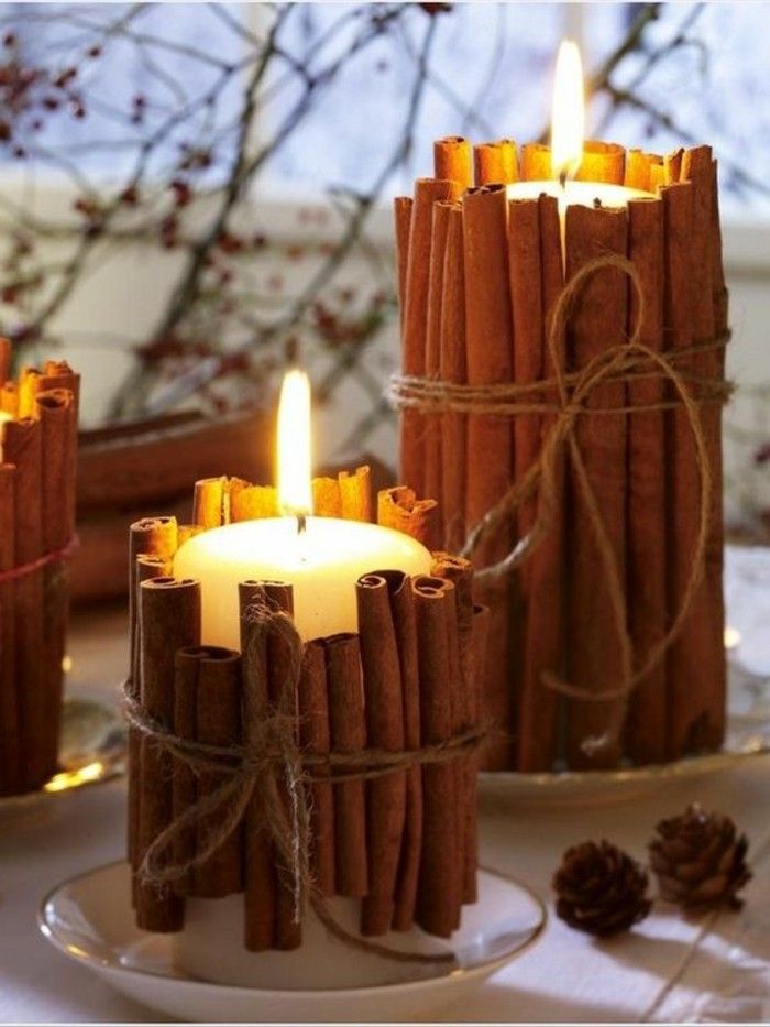 Noel dekorasyonu kolay DIY fikri Mum tamirci Kavanoz tarçın çubukları