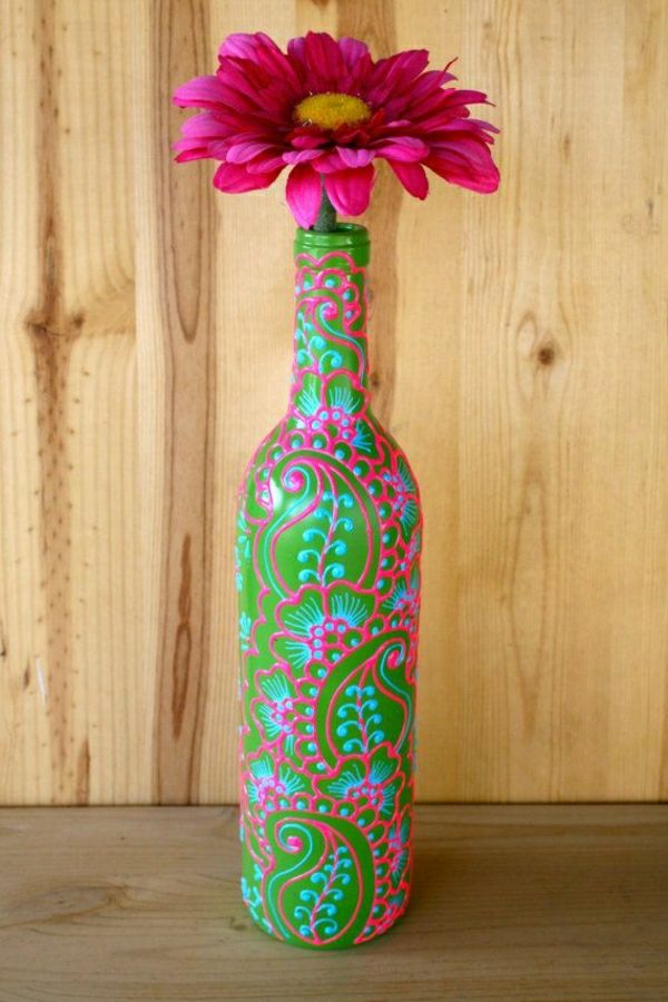 Wijnfles vaas henna groen-blauw Pink Flower
