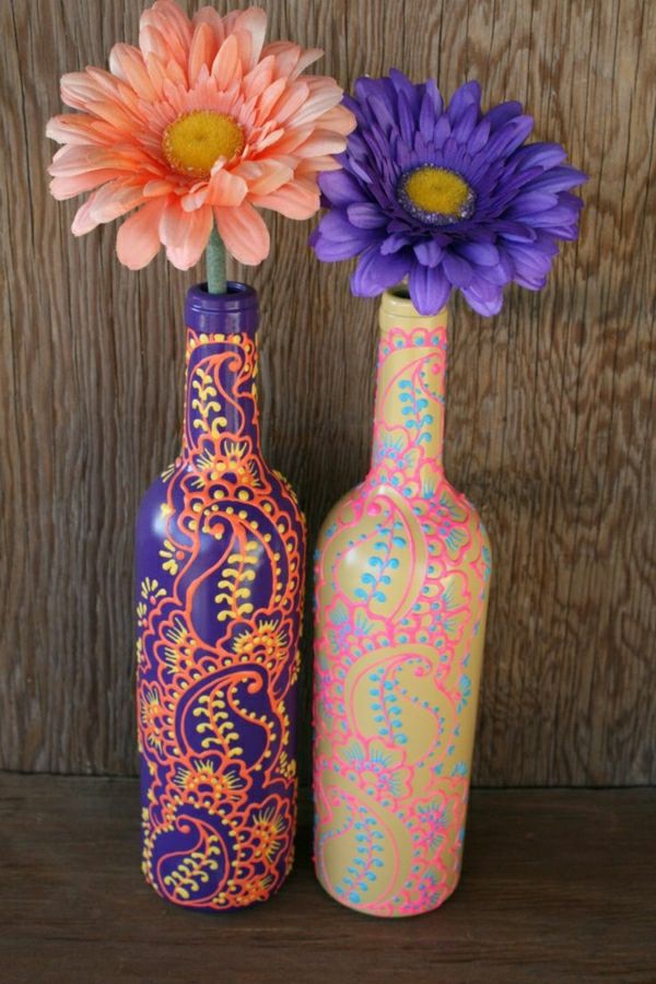 Wijnflessen Vaas Henna Decoratie Paars-Oranje-geel-blauw-roze-goud gerbera