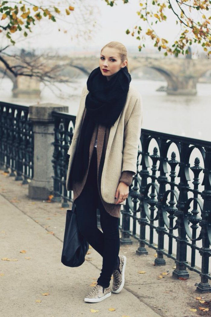 Inverno lungo sguardo maglione sciarpa giacca-nero beige