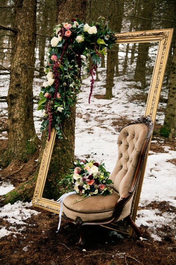 Winter-screen scaun pădure copaci zăpadă rama oglinda aristocratică flori