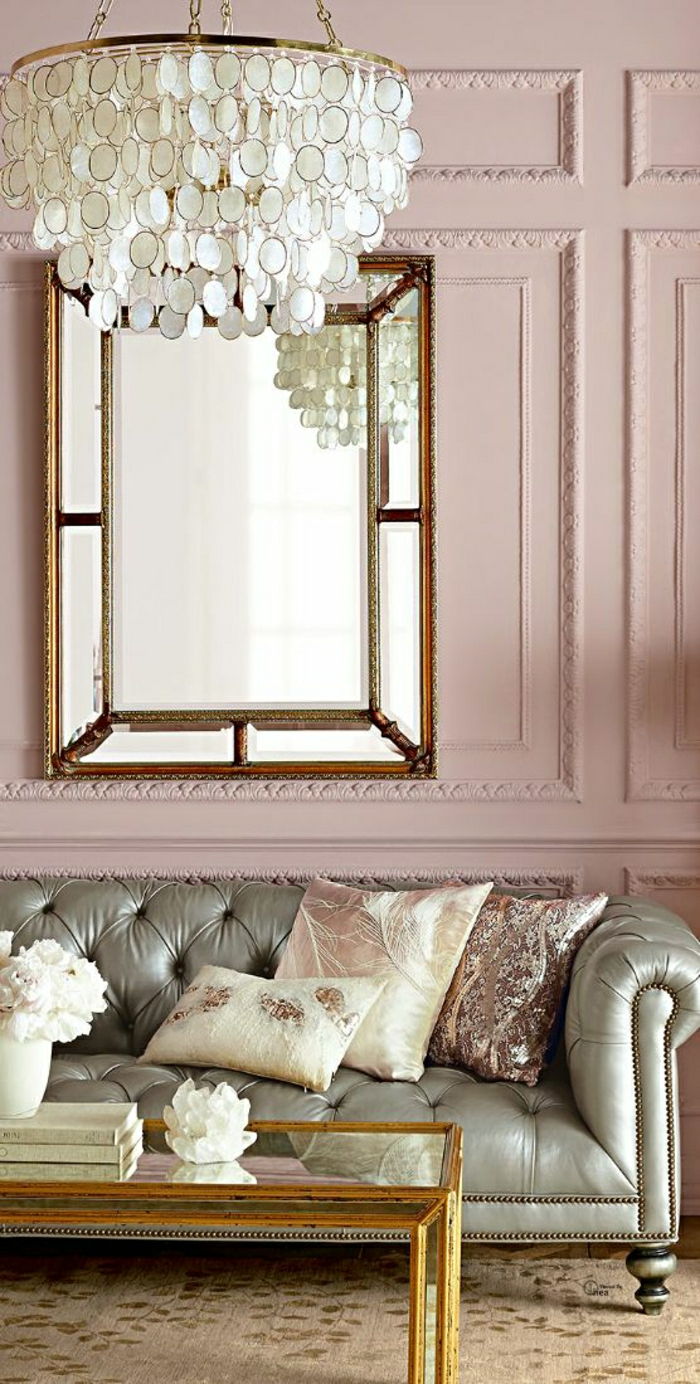 Gyvenimas-Chesterfield sofos-metalinis blizgesys pagalvių rožinės sienos-gražūs-sietynas
