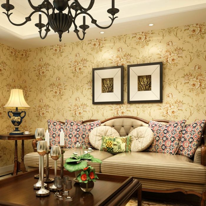 Gyvenamasis kambarys-jaukus interjeras-derliaus-wallpaper freskomis baldai baudą dizainas