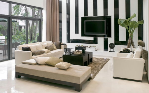 Obývacia bielo-čiernym pruhom na stenu farba moderný dizajn interiéru
