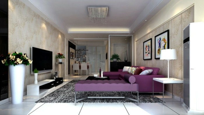 Cameră decorare-cu-violet canapea