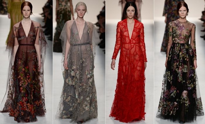 dolge večerne obleke iz modne kolekcije oblikovalca Valentina - dolge tilske obleke z aplikacijskimi obročki v črni, sivi in ​​rdeči, dolge obleke z nizkim vratom