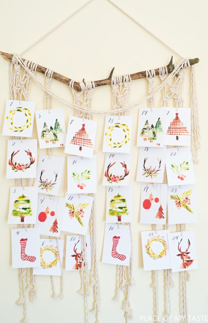 Adventskalender med håndlagde julekort, ulike jule motiver, DIY ide for barn og voksne