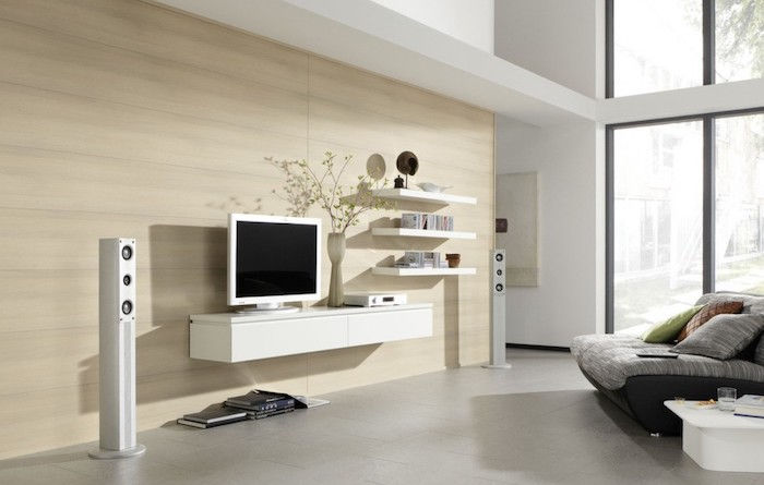 domáce steny nápady na nábytok vybavenie obývacieho nábytku béžová stena biela dekorácia biely technológie televízne police hudobné zariadenia