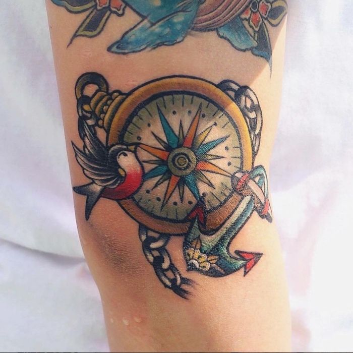 Aici vă arătăm una dintre ideile noastre minunate pentru un tatuaj foarte frumos, cu o busolă și o pasăre și o ancoră - un tatuaj pe mâna