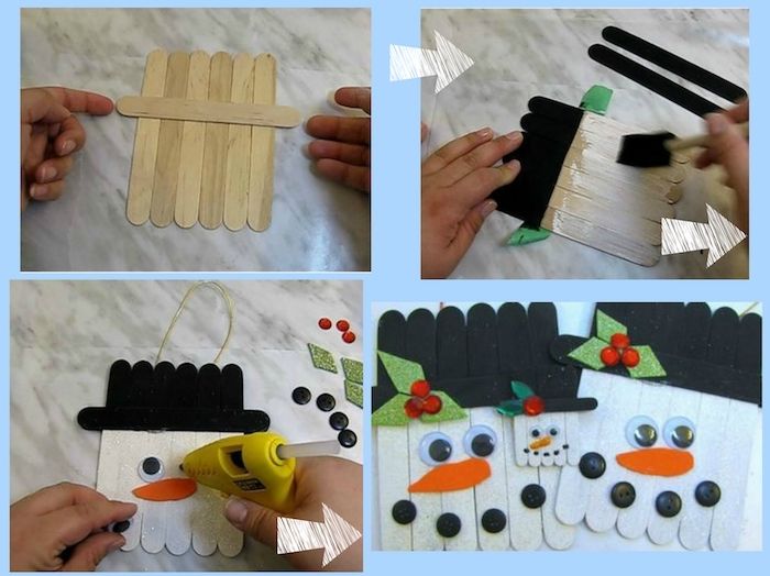 leseni snežak - snežak z oranžnim nosom in črnimi gumbi ter črnim klobukom