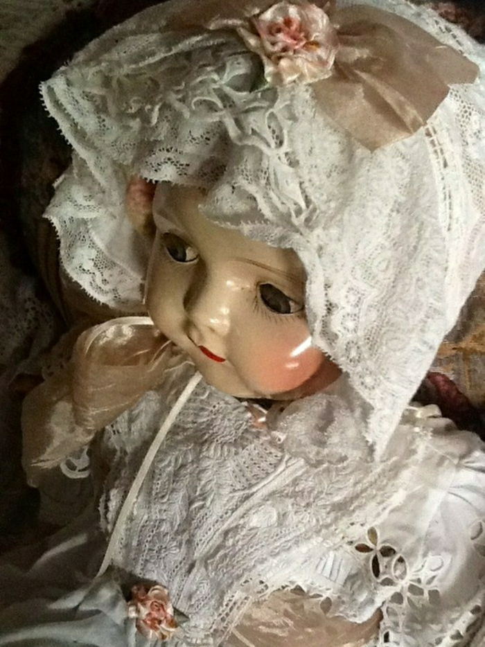 starožitné bábika-Bonnet-hodváb čipka