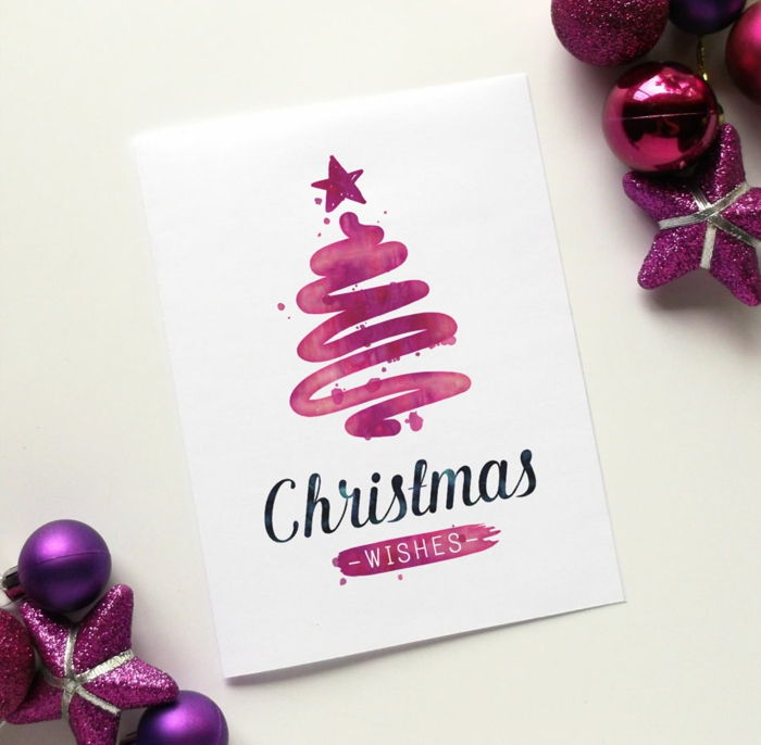 Akvarel vianočné karta sa ľahko a rýchlo sami, fialový vianočný strom, gratulujeme na Vianoce