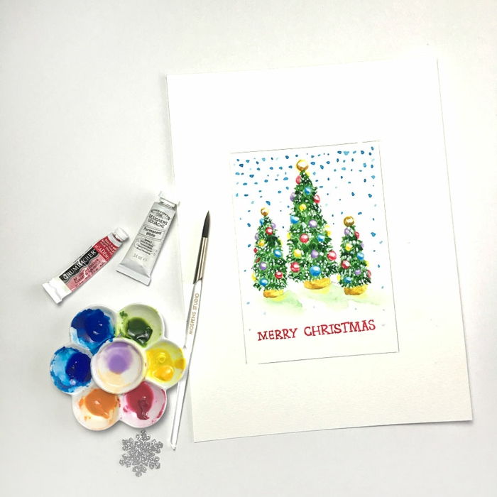 Individualizuokite akvarelinę Kalėdinę kortelę, įrašykite Kalėdų eglutes ir snaiges