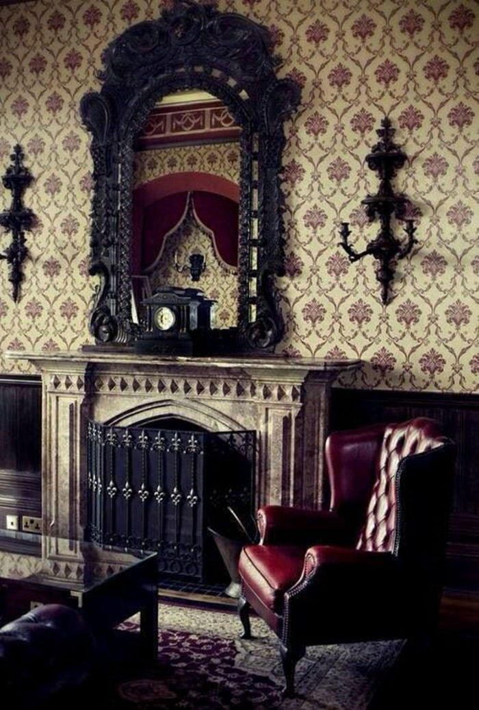 Parlor estilo barroco Espelho lareira poltrona de couro papel de parede cor de vinho aristocrático