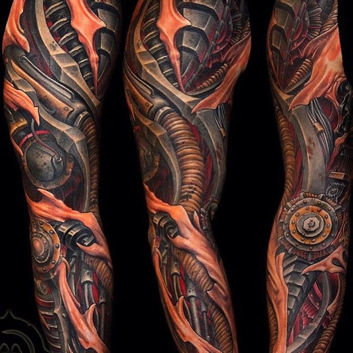 arm tattoo man, gekleurde biomechanische tattoo, tattoo met machine-onderdelen
