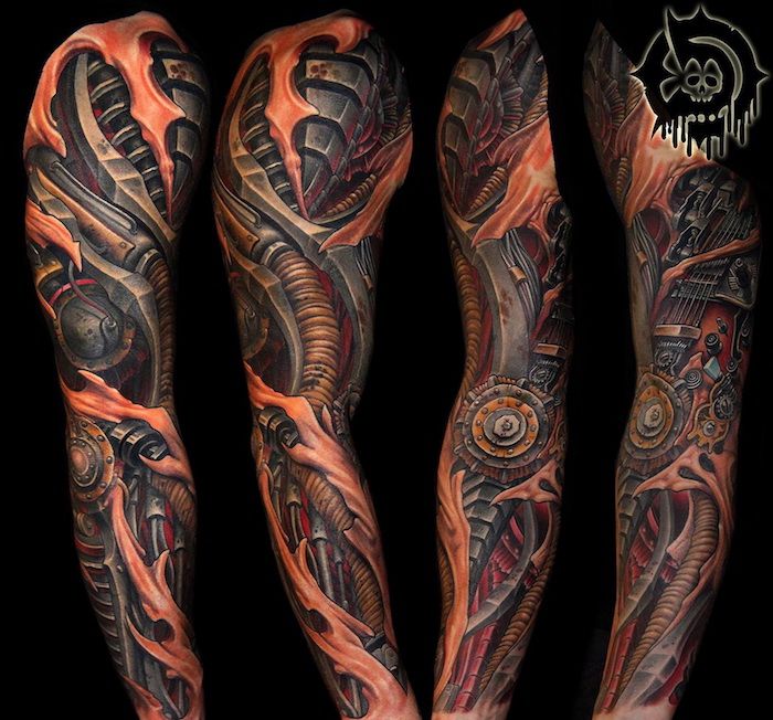 tattoo motieven mannen, grote gekleurde 3d tatoeage over de hele arm