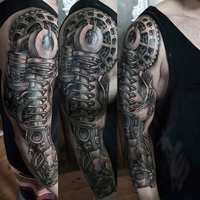 arm tattoo man, realistische tattoo in zwart en grijs, mouw tattoo