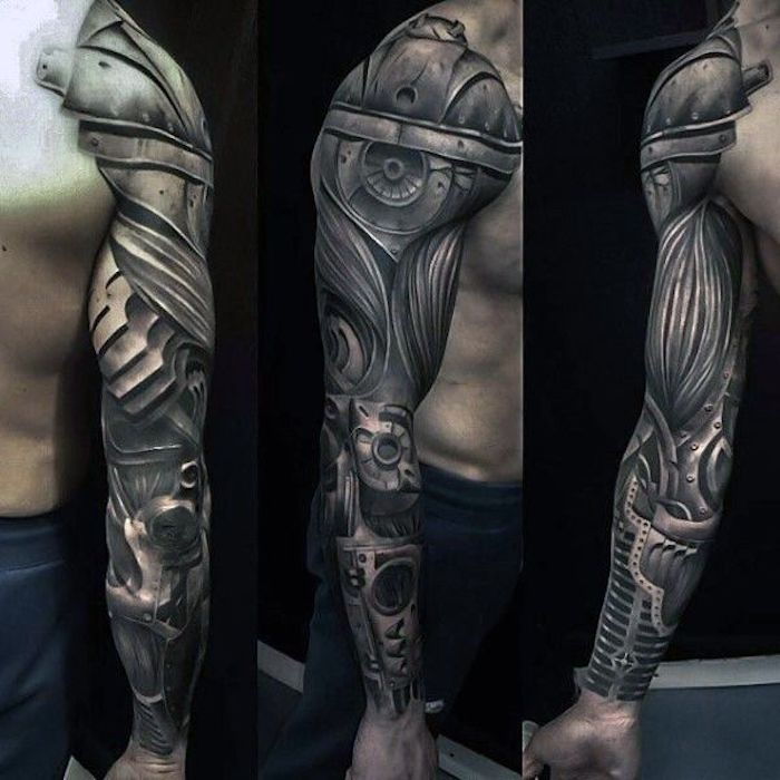 arm tattoo man, zwartgrijze mouw tattoo met machinevrij motief
