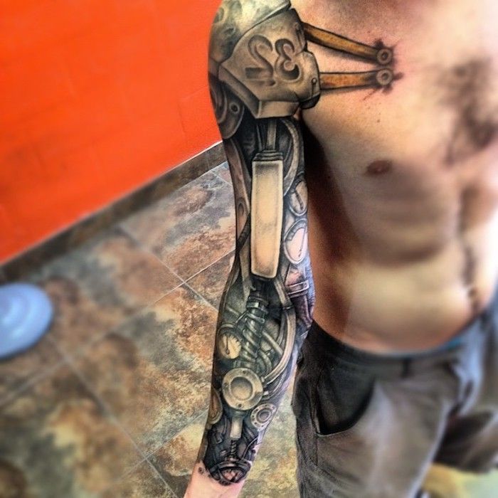 arm tattoo man, grote 3d tatoeage met machine-onderdelen