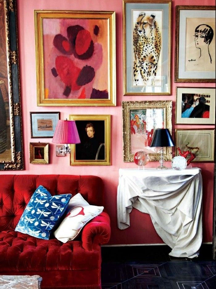 meniniai Apartment-bauda freskomis rožinės-sienos patraukli raudona sofa-