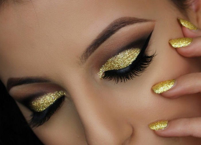 očný make-up inštrukcie a zlaté očné tiene riasy očné linky Ceruzky-nechty-in-zlatej farby