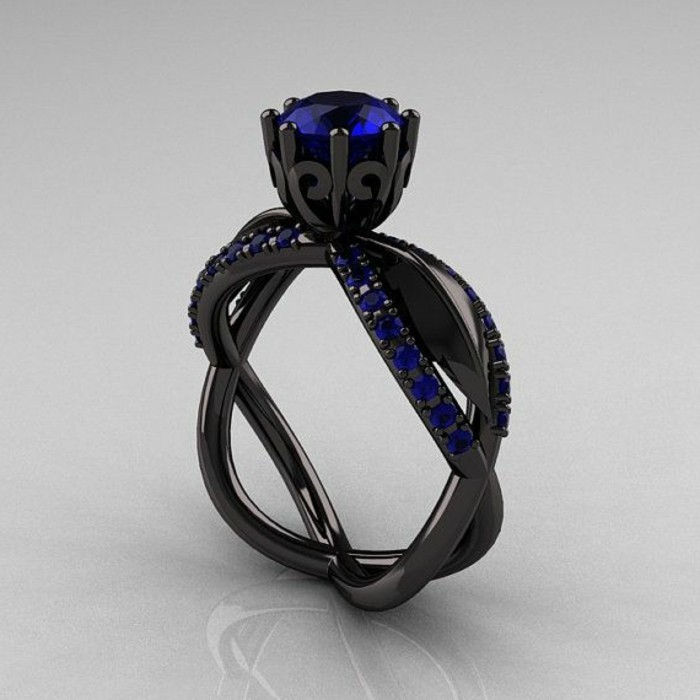 neįprasta sužadėtuvių žiedai Juodas Auksas mėlynas safyras