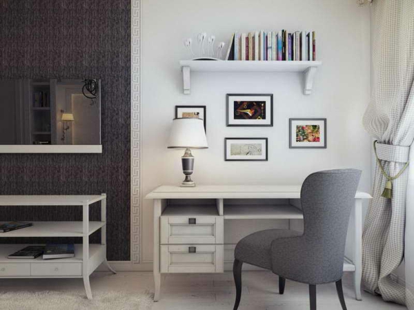 Pisarniško pohištvo-ikea-siva-stol-polica in bele debele zavese