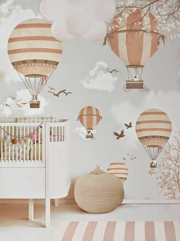 Bebek odası gri pembe bej ilginç süslemeleri duvar üzerinde duvar tasarım fikir balonlar bebek yatağı