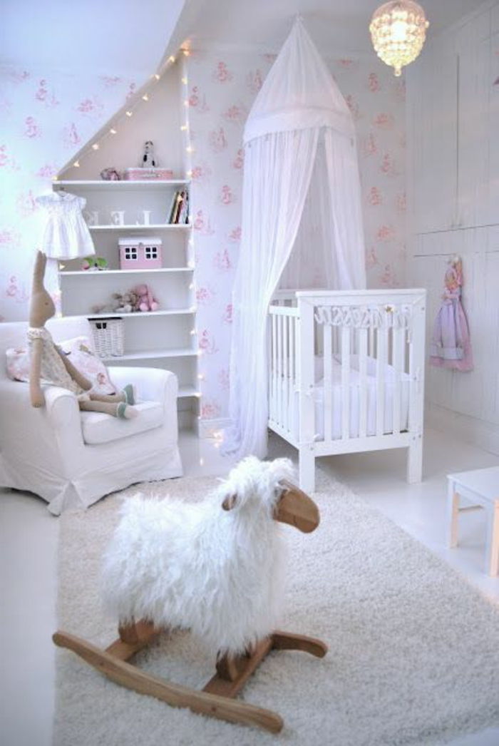 Çocuk odası tasarım beyaz dolap çekmeceler bebek yatağı dekorasyon oyuncaklar bebek odası için beyaz mobilyalar