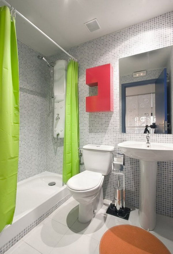 Projekt łazienki zielony akcent akcentów na ścianie - na czerwono