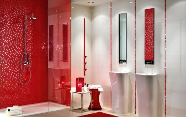 vonios plytelių mozaikinė raudona vonia - moderni dušo kabina
