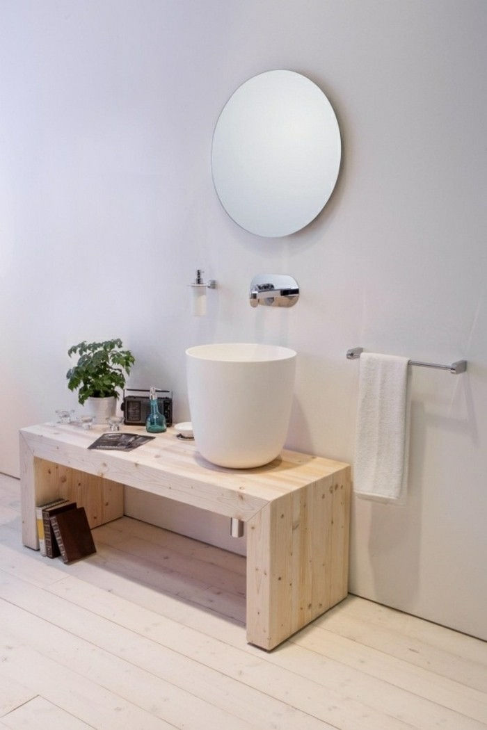projekt łazienki-idee-okrągłe lustro-drewniany-meble