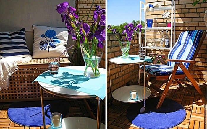 balcon-deco-lemn podea albastru-covor-rotund scaune rotative de masă lumânare-violet-floare-alb-regal-lemn-podea din lemn