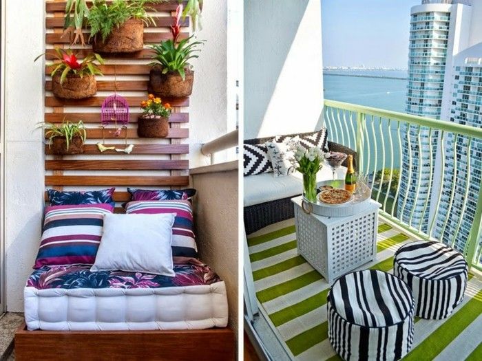 balcon idei înguste-model covor-model de scaun-flehtsitzbank-alb-masă de-saltea-colorate-perne din lemn de perete flori