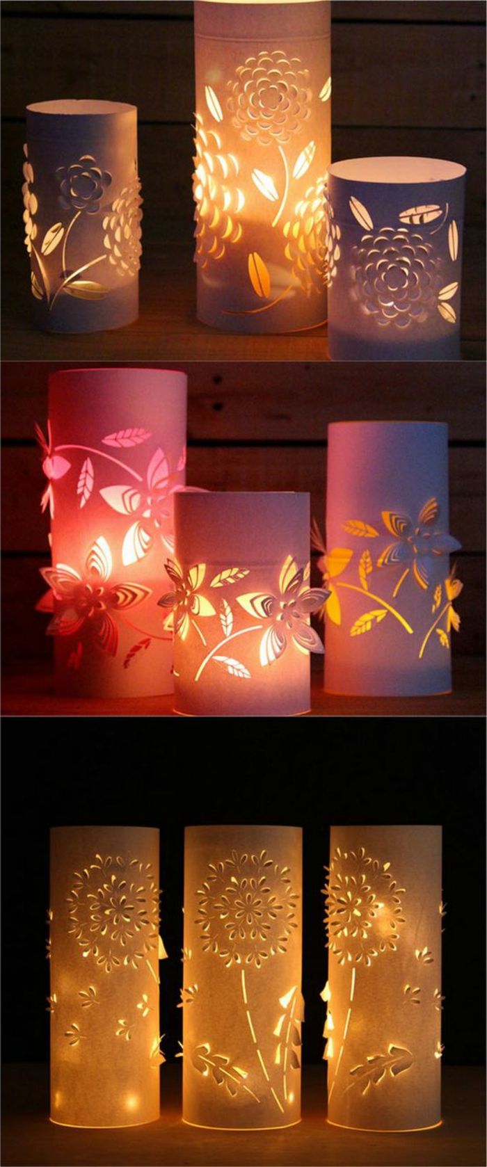 lanterner tinker fra hvitt papir, blomster, borddekorasjon