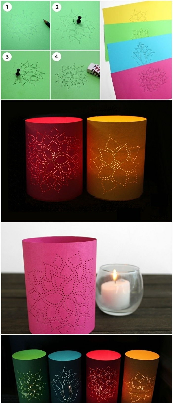lanternas funileiro - papel colorido, flores, padrão, vela branca, castiçal