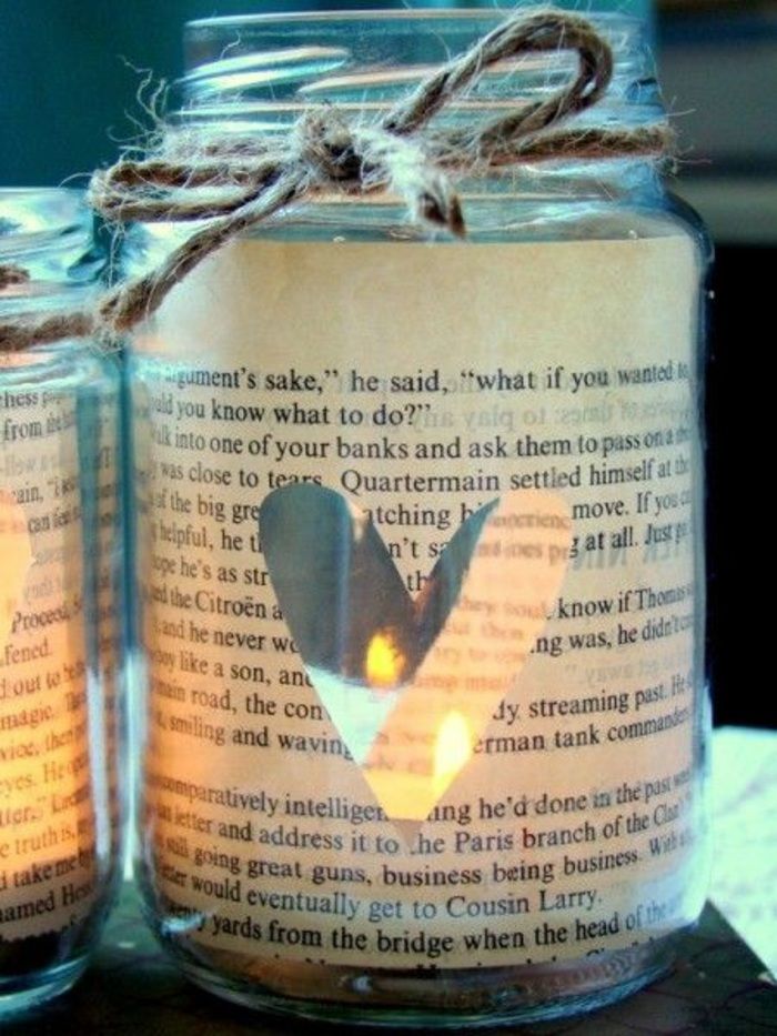 remeselné lampy - mason jar zdobené knihami stránky, srdce, stuha nití