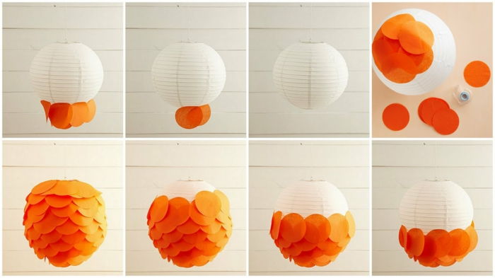 lanternas funileiro - decorar abajur branco com papel laranja