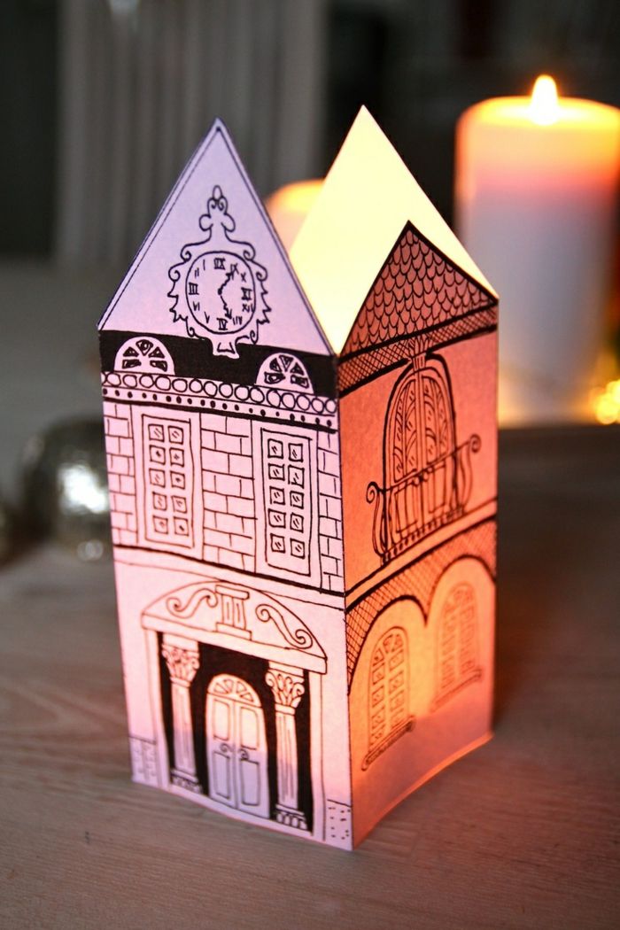 uhlová papierová lampa, budova, kresba, biela sviečka, sviečka