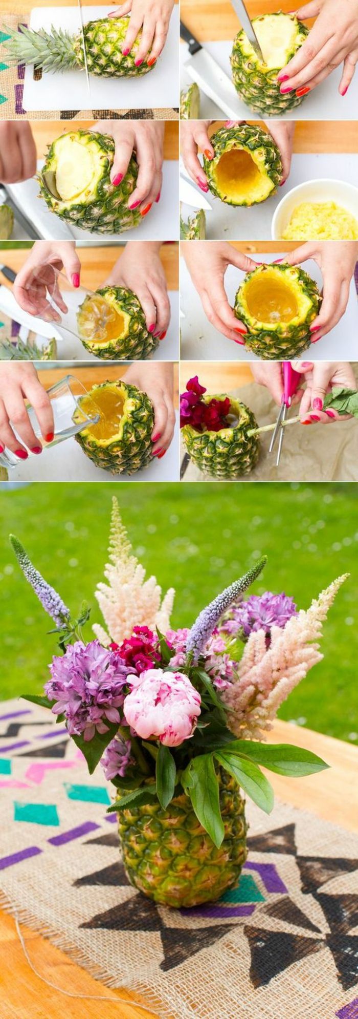 Padarykite pavasario dekoracijas, pagardinkite ananasų vazos su gėlėmis, padėkite sau stalo dangą