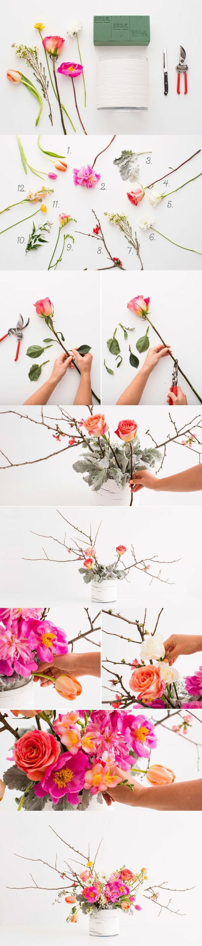 Jarná dekorácia, biela váza, ružové kvety, vetvy, dekorácie stolov