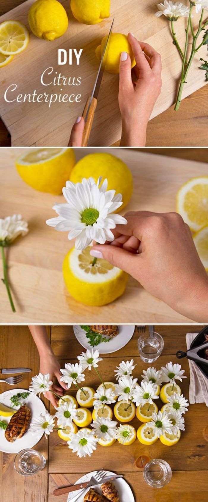 uporabite limone kot vaze, bele rože, okrasne mize