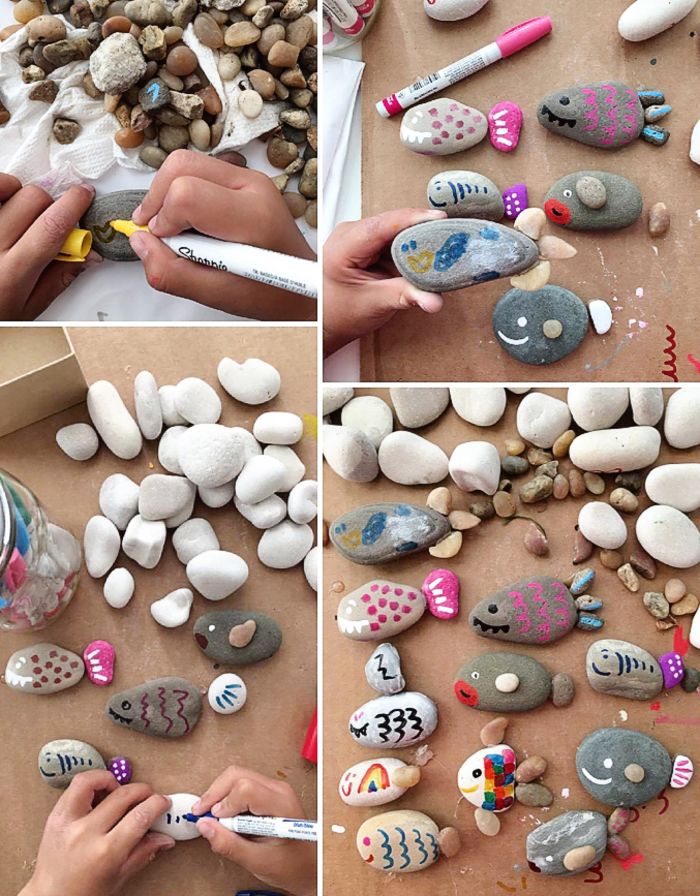 świetne pomysły na crafting dla dzieci, malowanie kamieni dekoracyjnych, robienie małych rybek i myszy