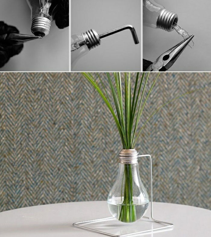 DIY vazos, pagamintos iš lemputės, žalia augalo, vielos, žnyplės