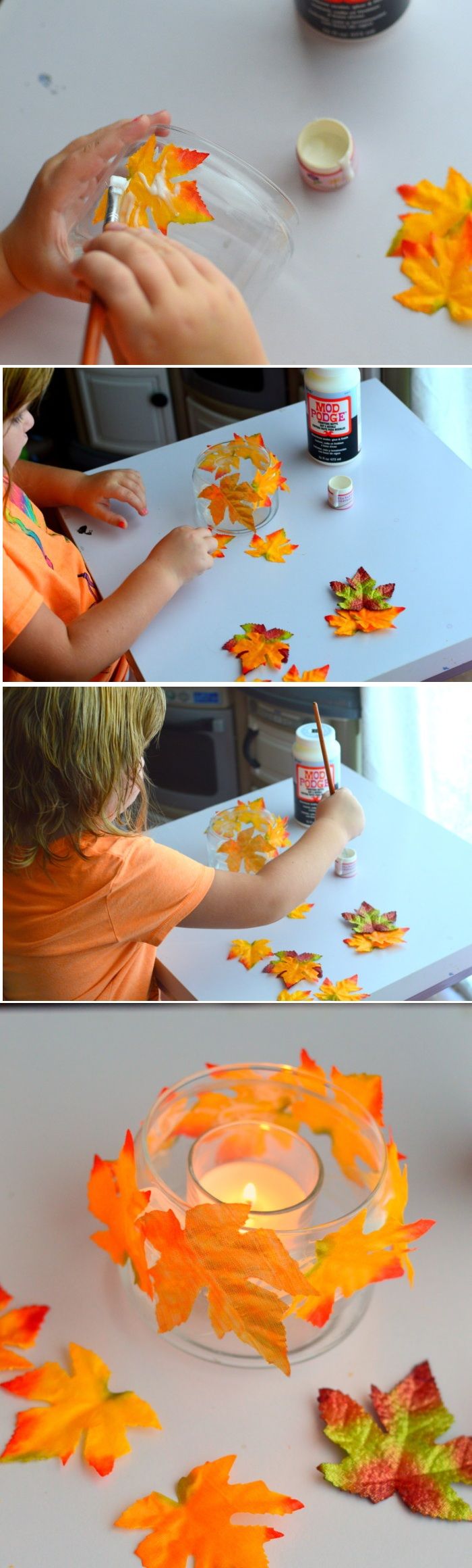 tinker med barn, glasstakehållare dekorerade med löv, lim, höstdekoration
